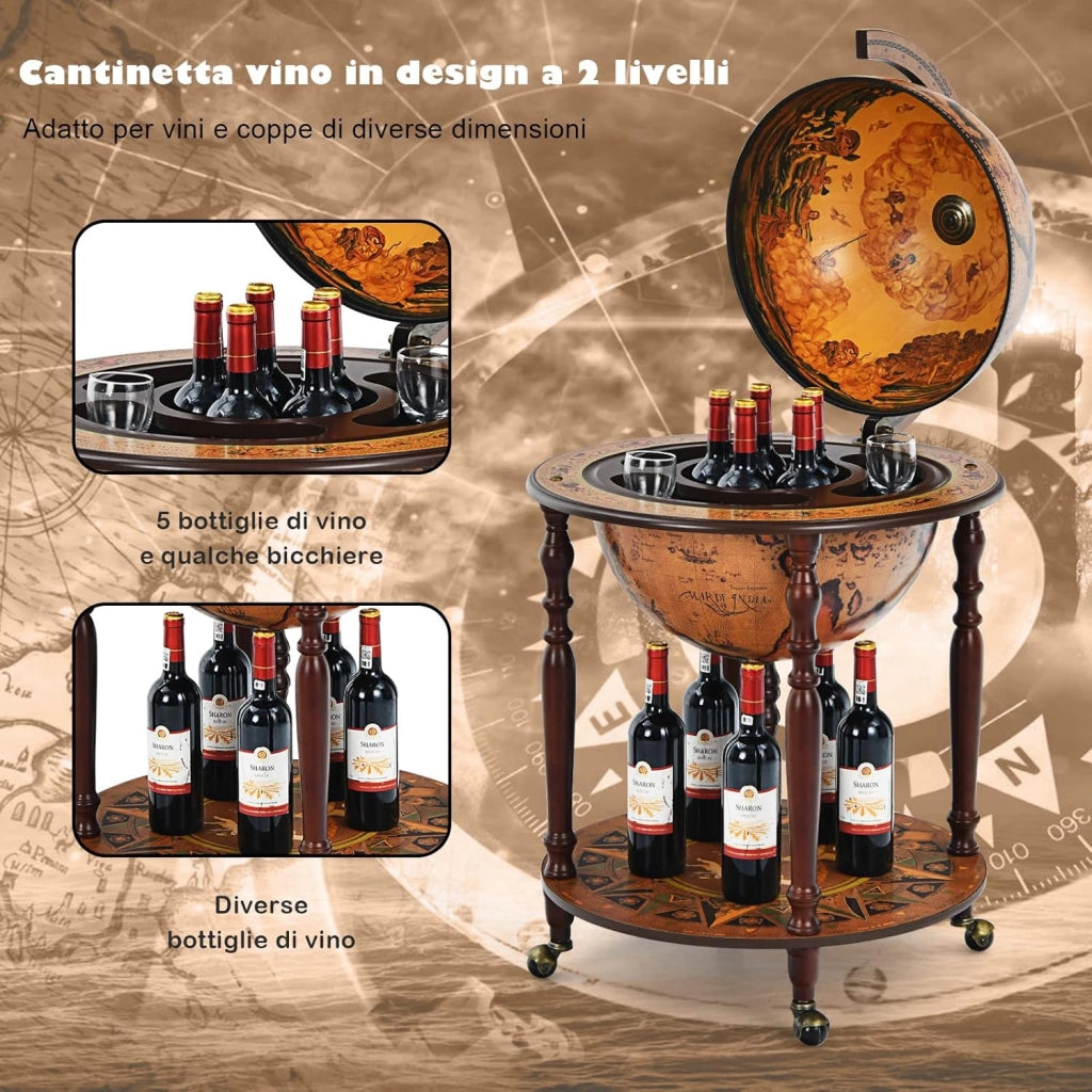 Porta Liquori Mappamondo, Portavino con Ruote, Credenza per Vino con Stile Retrò per Bar Sala da Pranzo e Salone, Diametro 45 cm