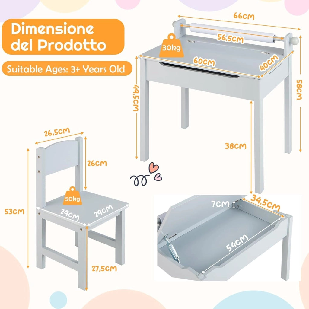 Set Tavolo e Sedia d’Arte per Bambini 3+ Anni, Scrivania in Legno di Pino da Disegno con Portarotolo, Piano Ribaltabile & Vano Portaoggetti, Rotolo di Carta (10m) e 2 Pennarelli (Grigio)