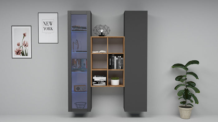 Parete Attrezzata Soggiorno 140x30x180 cm Maruska n°16 Grigio Antracite Opaco