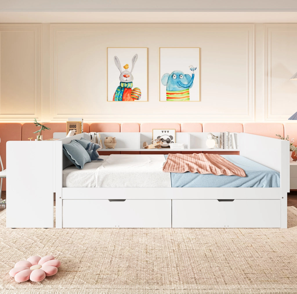 Letto 140x200 cm con scrivania; cassetti e ripiani in legno bianco