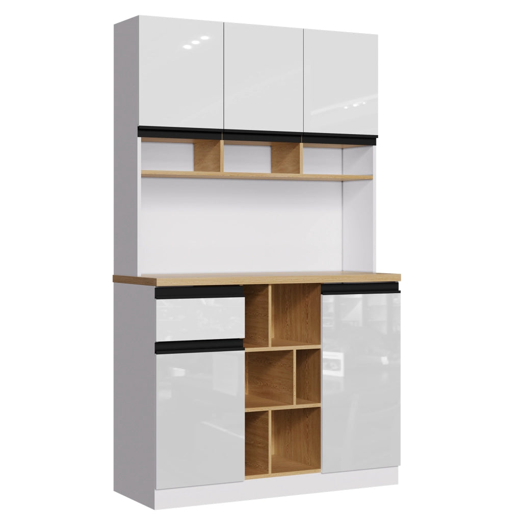 Credenza moderna bianca lucida 105×45×185 cm con ante, cassetto e vani aperti