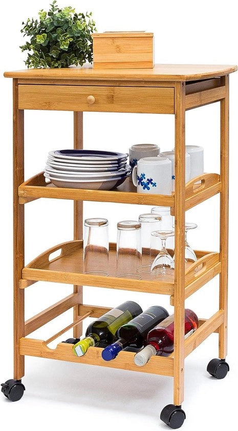 Trolley da cucina in bambù con ripiano per vini - Carrello da servizio in legno con 2 piatti da portata - HBD 805 x 50 x 37 cm - Naturale