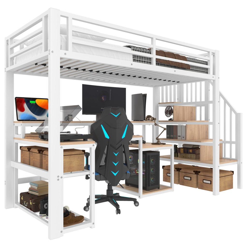 Letto a soppalco 90x200 cm in metallo e MDF; con scrivania; LED e USB; bianco