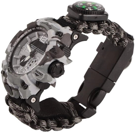 Orologio da sopravvivenza - Acqua e polvere - Cinturino in corda paracord - Bussola/Fischietto - Set di strumenti - Luminoso - Orologio da outdoor