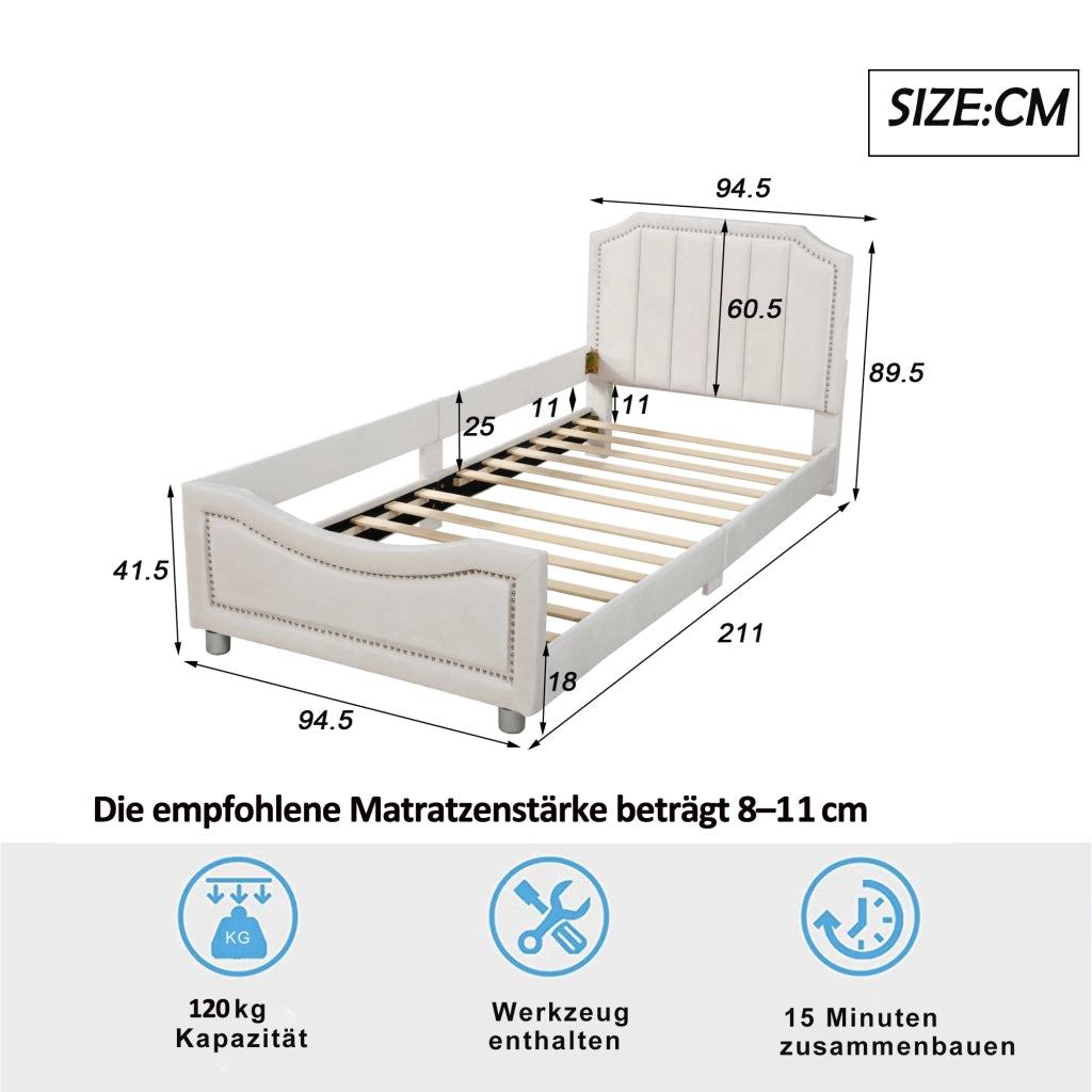 Letto per Bambini 90x200 cm; Letto Singolo - Divano; con Sponda - Flanella - Beige