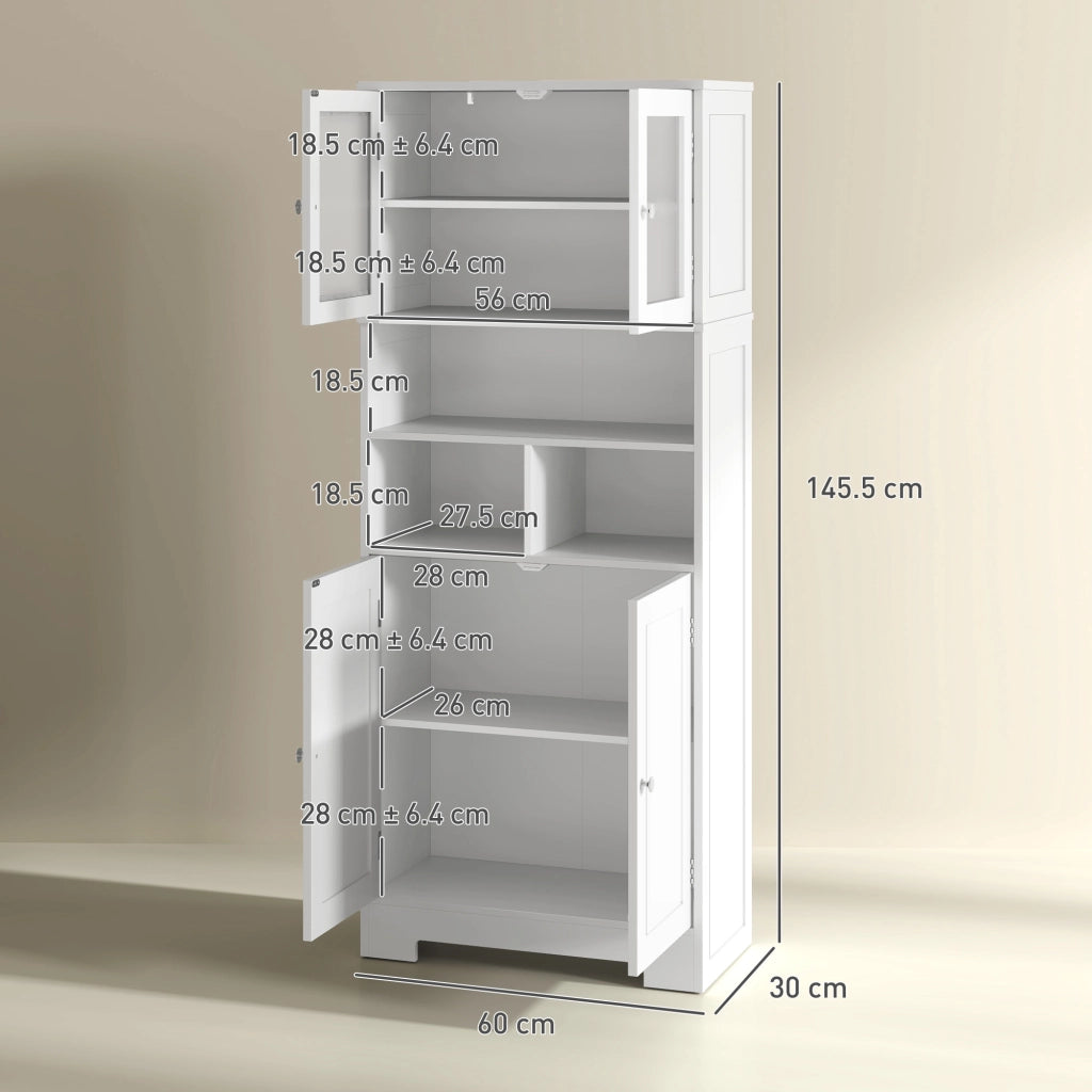 Credenza Bianca con 2 Ante a Vetro e 3 Vani Aperti, Ripiani Regolabili ¨C Zephmum ¨C 60x30x145.5 cm