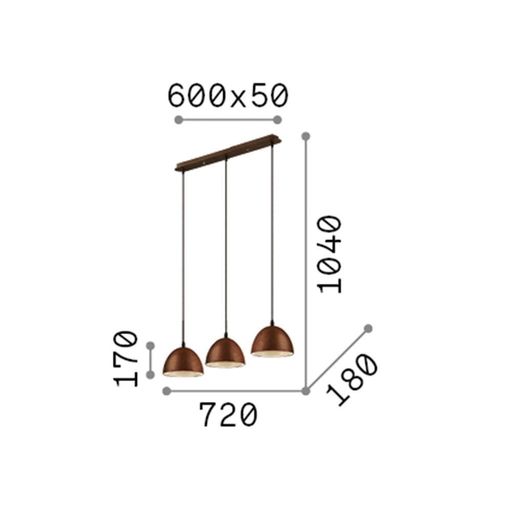 Sospensione Rustica-Country Folk Metallo Corten Ruggine 3 Luci E27