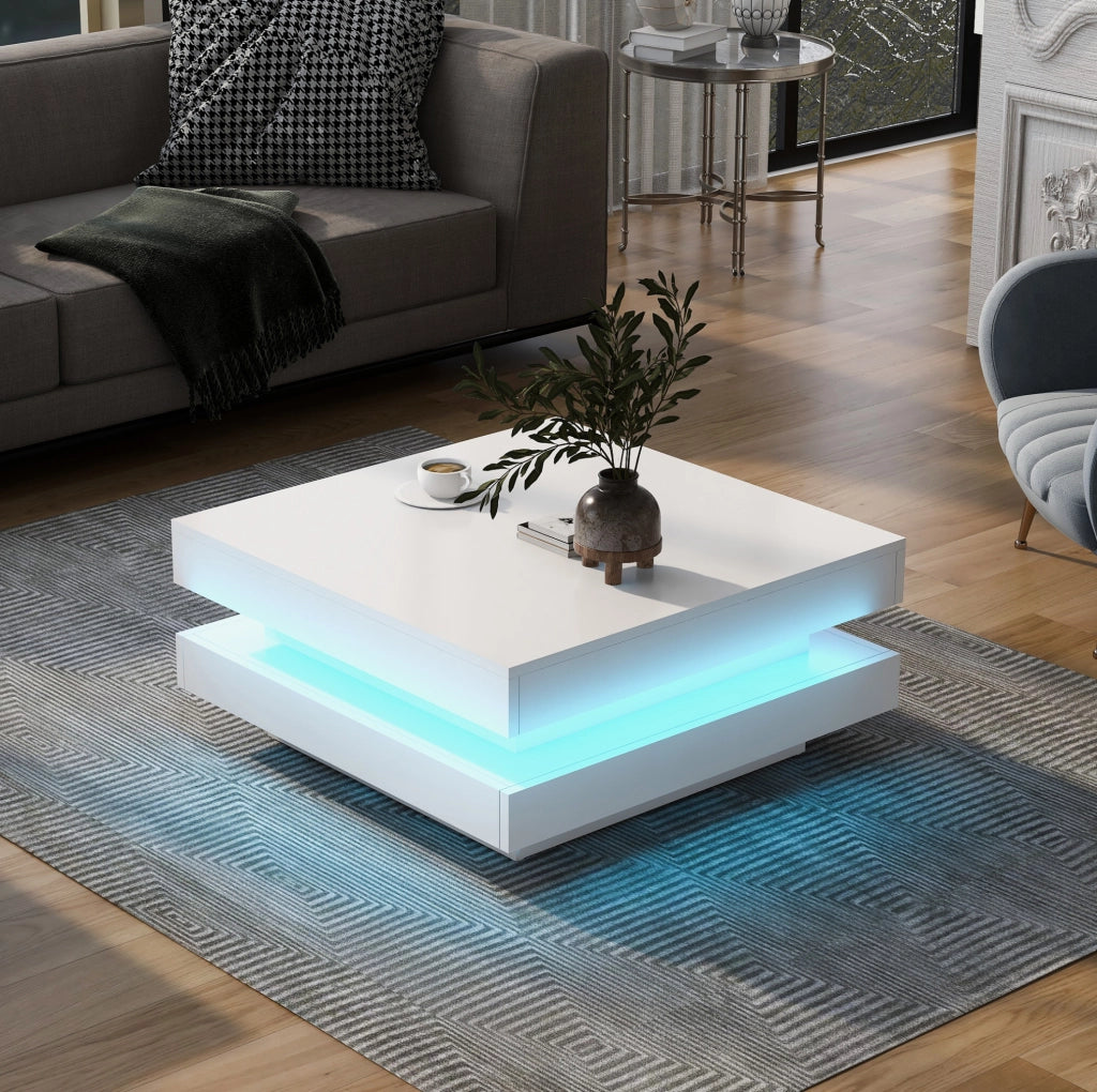 Tavolino da caffè quadrato bianco con illuminazione LED Bluetooth, 70 x 70 x 36 cm