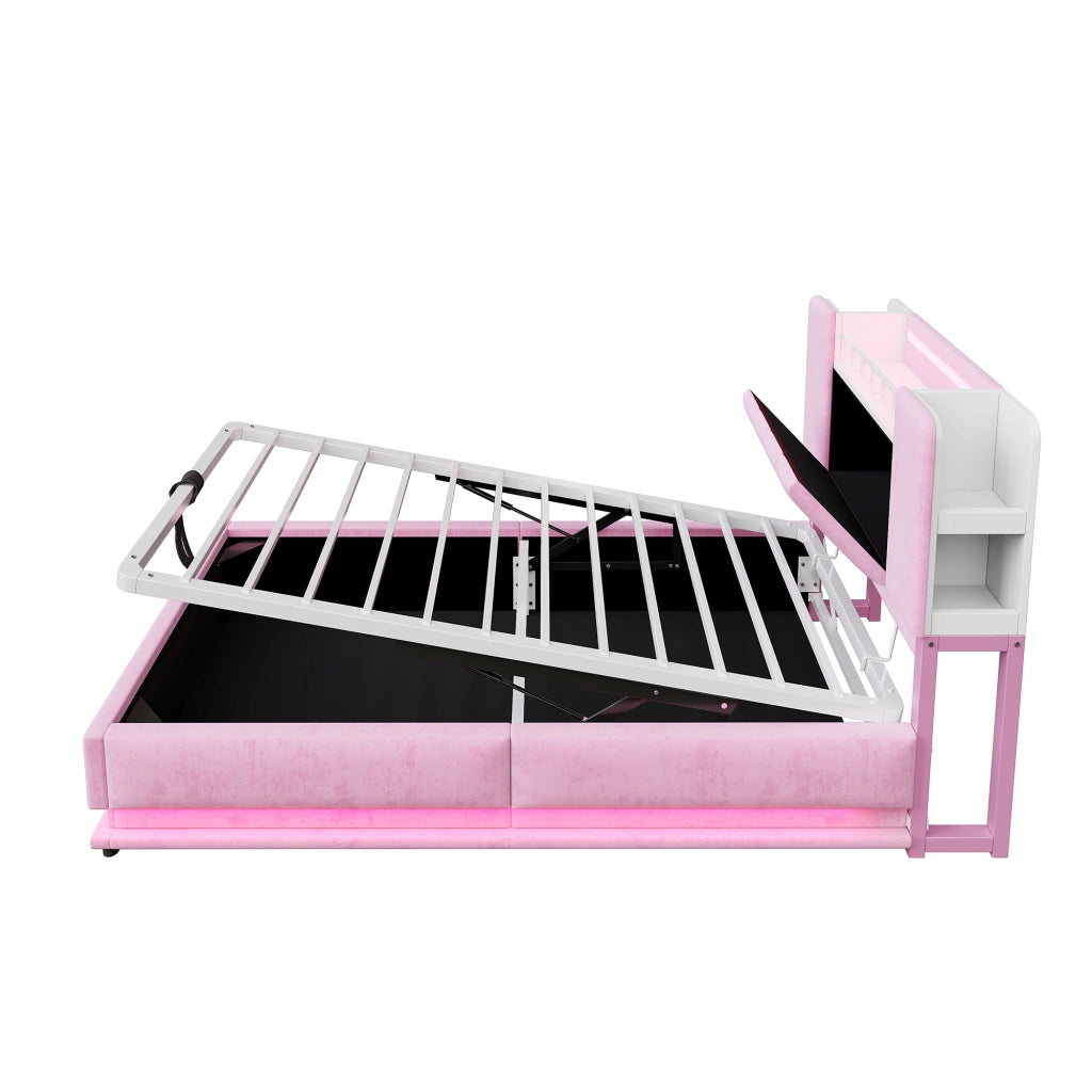 Letto imbottito per bambini 90x200 cm con LED e USB; contenitore idraulico; velluto rosa