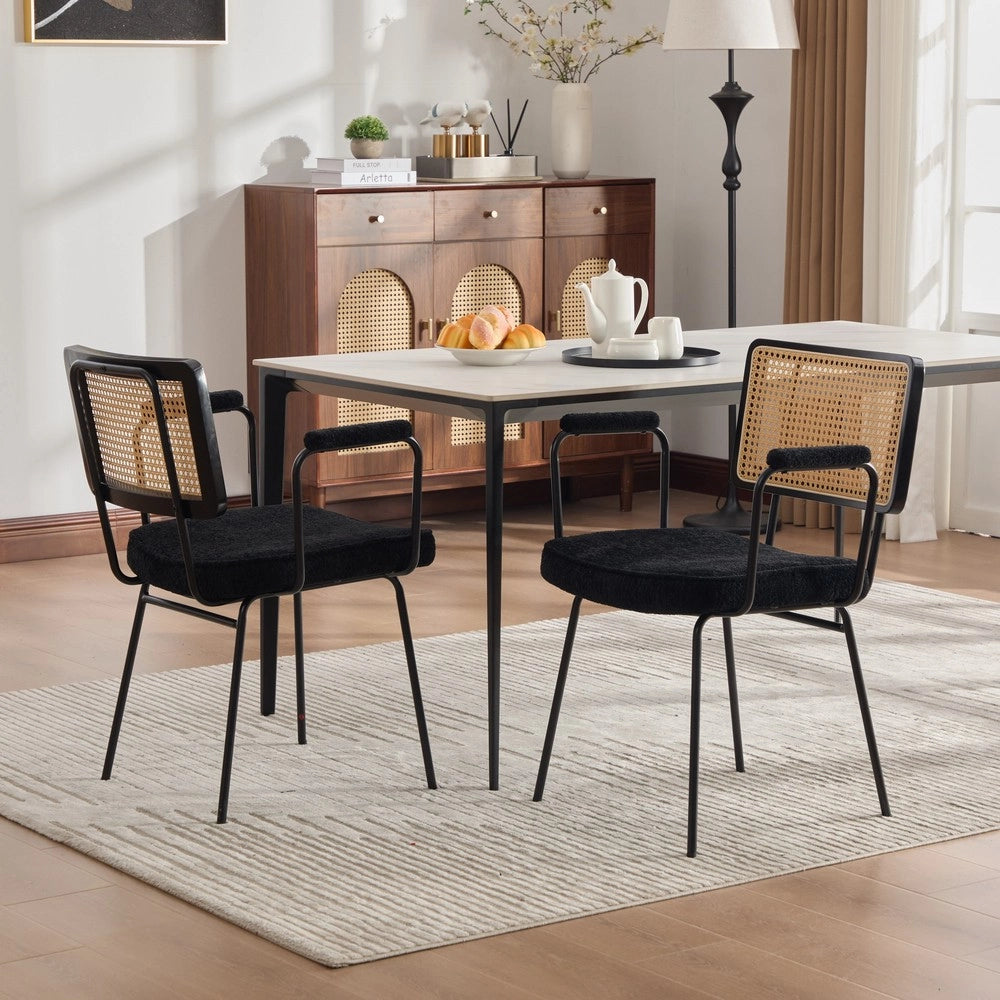 Sedia da Pranzo con Braccioli ¨C MINIMAL ¨C Set 2, Velluto Chenille, Gambe Metallo, Schienale Legno Massello, Effetto Rattan, Nero