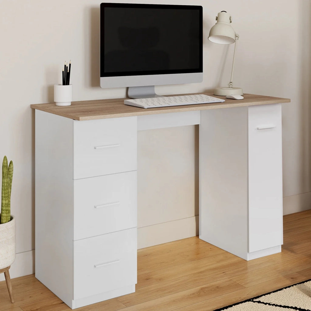 IDMarket - MAE Scrivania dritta a 3 cassetti con anta in legno e armadio bianco