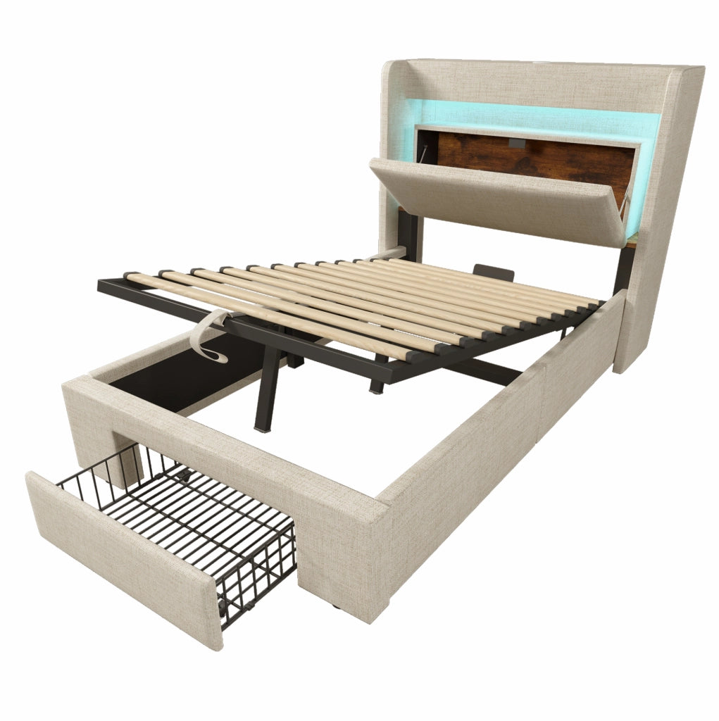 Letto contenitore 90x200 cm con LED; USB e USB C; beige; lino