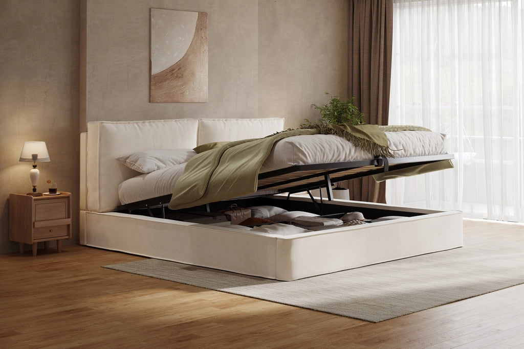 Letto matrimoniale 180x200 cm in velluto beige con contenitore, testiera imbottita e rete a doghe