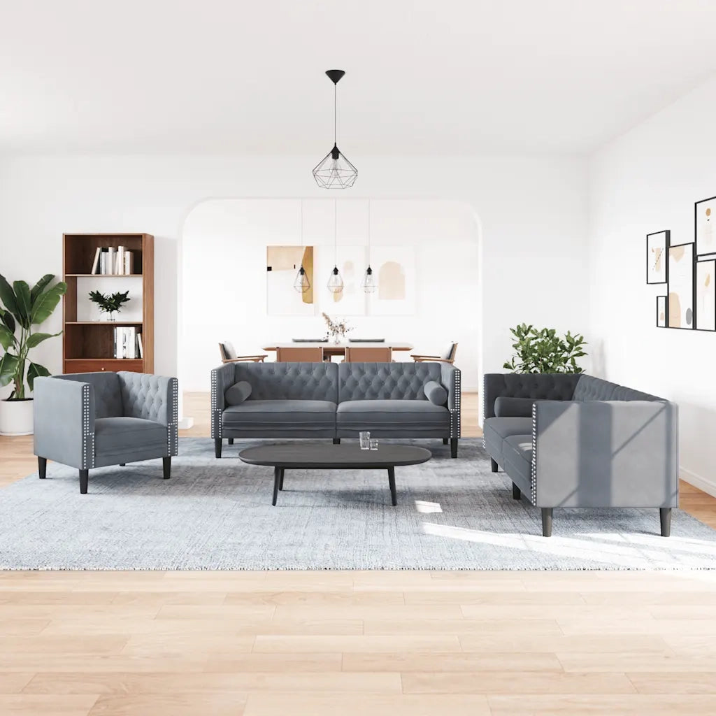 vidaXL Set Divani Chesterfield 3pz con Cuscini Grigio Scuro Velluto