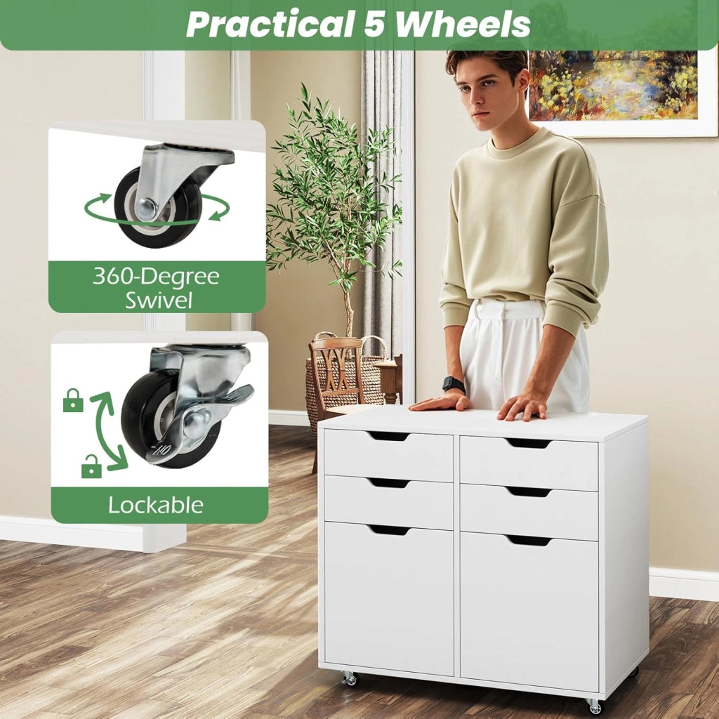 Raccoglitore mobile con 5 ruote, cassettiera con 4 cassetti e 2 armadi con porte, supporto per stampante in legno, mobile di stoccaggio per ufficio, soggiorno