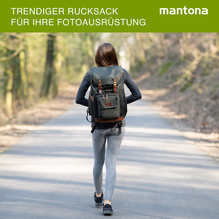 Mantona Luis junior Retro Zaino fotografico verde, per fotocamera con copertura antipioggia, borsa fotografica con scomparto per laptop, DSLR, 3 obiettivi e accessori fotografici