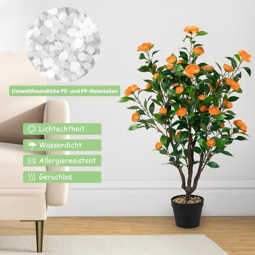 Pianta artificiale, camelia, 102 cm, piante da appartamento con 37 fiori, piante artificiali in vaso, piante decorative per interni ed esterni