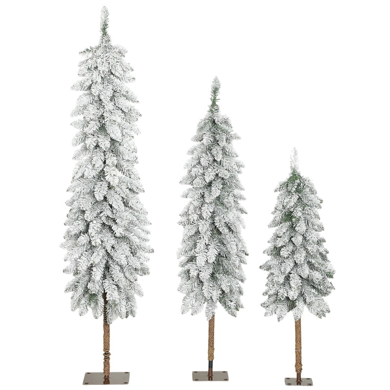 Set di 3 alberi di Natale artificiali innevati, 3 misure, con supporto in metallo, ignifughi, in plastica, verdi e bianchi.