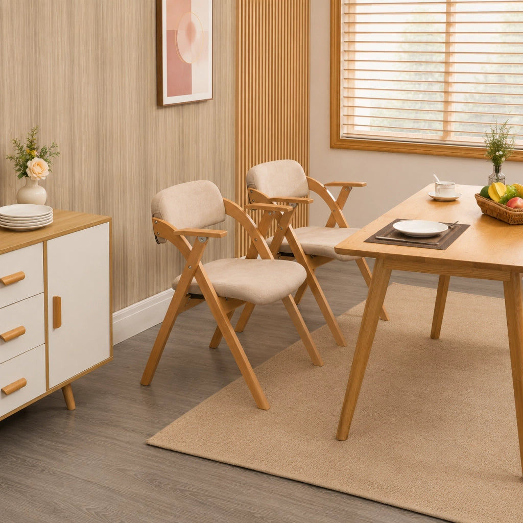 Set di 2 sedie pieghevoli con braccioli; seduta imbottita in legno; kaki