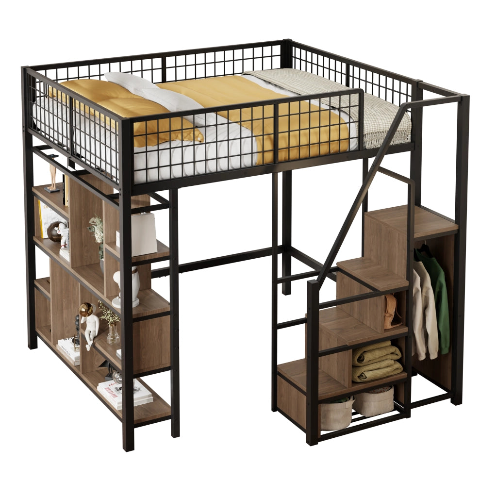 OKWISH Letto a Soppalco 140×200 cm, Letto Matrimoniale con Scala Contenitore, Ripiani e Vani, senza Materasso, Metallo e Legno, Nero