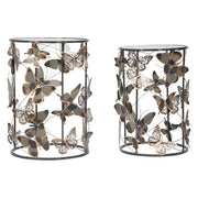 Dhulik, Tavolino da Salotto set da 2, Disegni con Farfalle, 41x41x55h cm Grigio