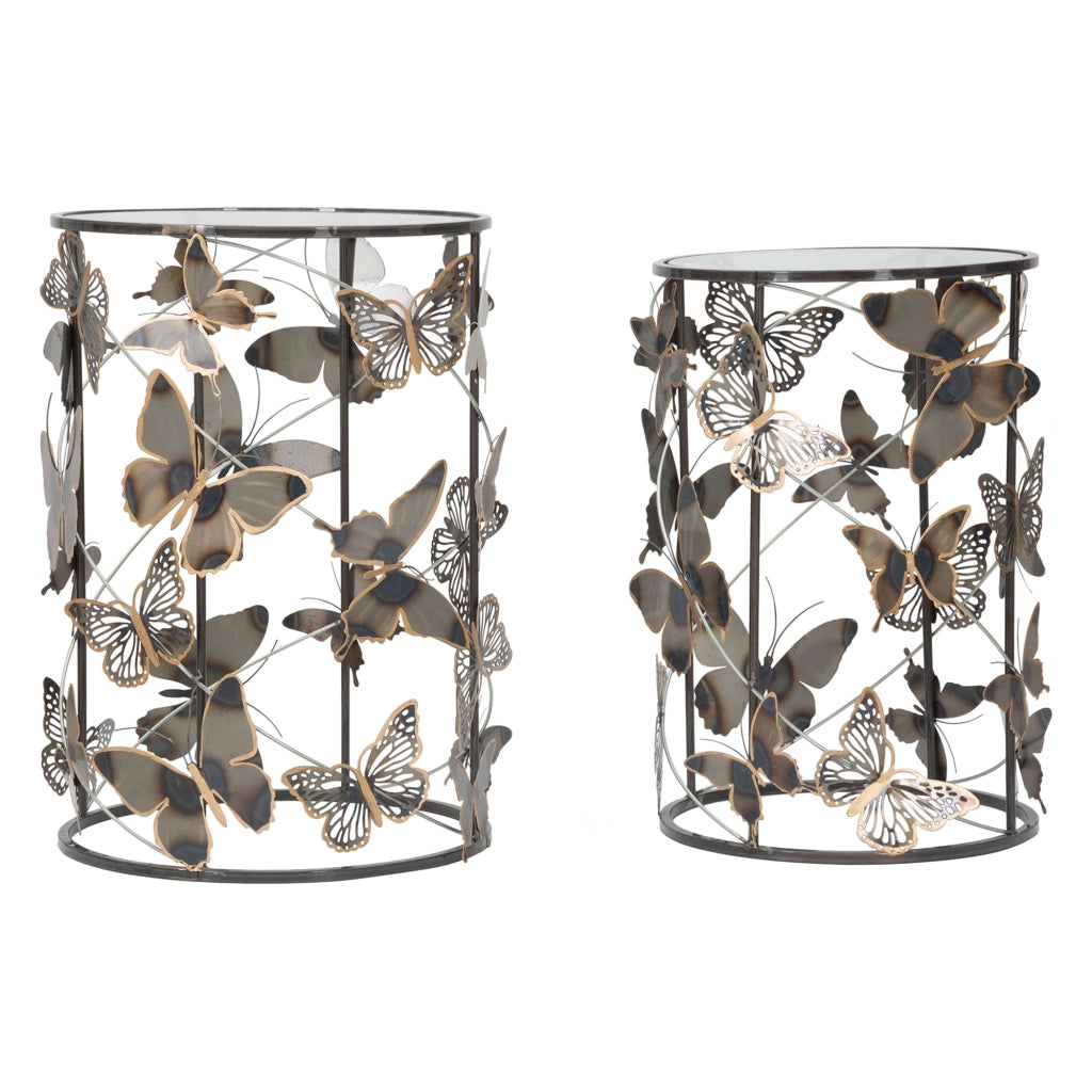 Dhulik, Tavolino da Salotto set da 2, Disegni con Farfalle, 41x41x55h cm Grigio