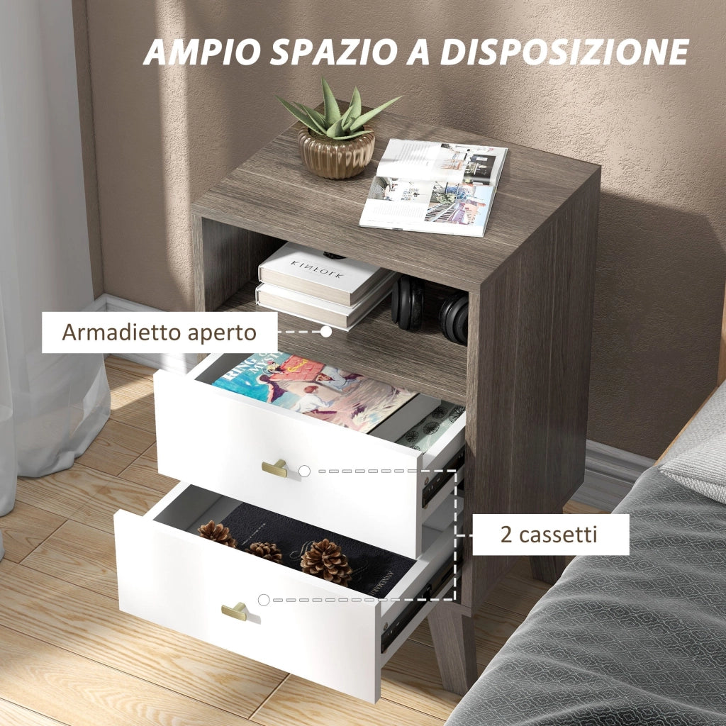 Set di 2 Comodini con 2 Cassetti e Vano Aperto 40x34x64 cm Grigio