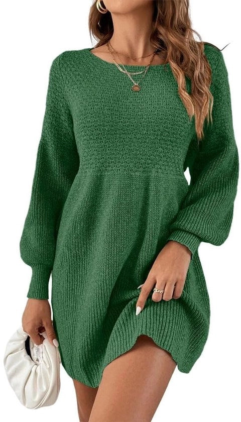Abito da donna con alta scollatura, abito a maglia con dettagli in merletto, mini-abito a linea A, abito con puffy shoulders, comodo e informale, adatto a occasioni formali