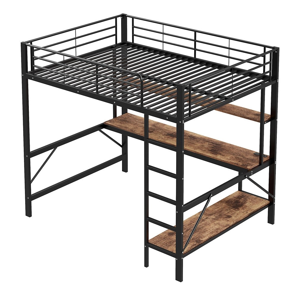 Letto a Soppalco con Scrivania e LED ¨C MINIMAL ¨C Metallo Nero 140x200