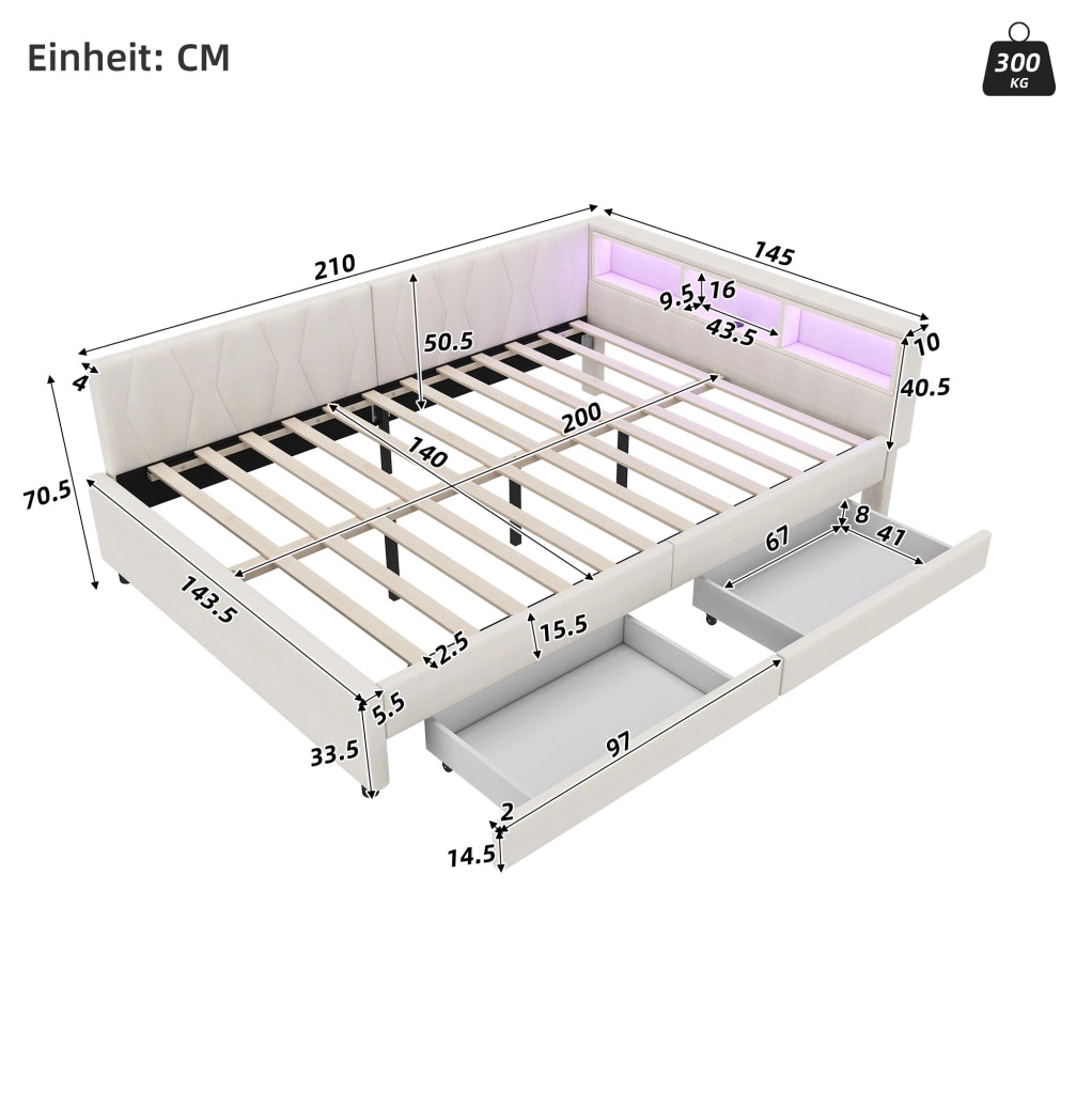 Letto a giorno 140x200 cm con LED; cassetti e USB in lino beige