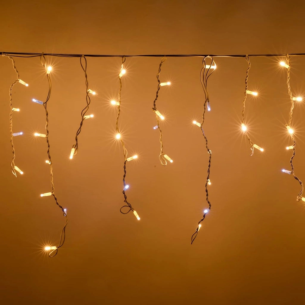 TENDA LUMINOSA LED STALATTITI 152 MAXI LED DA 6 METRI PROLUNGABILI CON LUCI CALDE FISSE E BIANCO FLASH INTERMITTENTI PER DECORAZIONI NATALIZIE BALCONI FACCIATE BAR RISTORANTI NEGOZIO