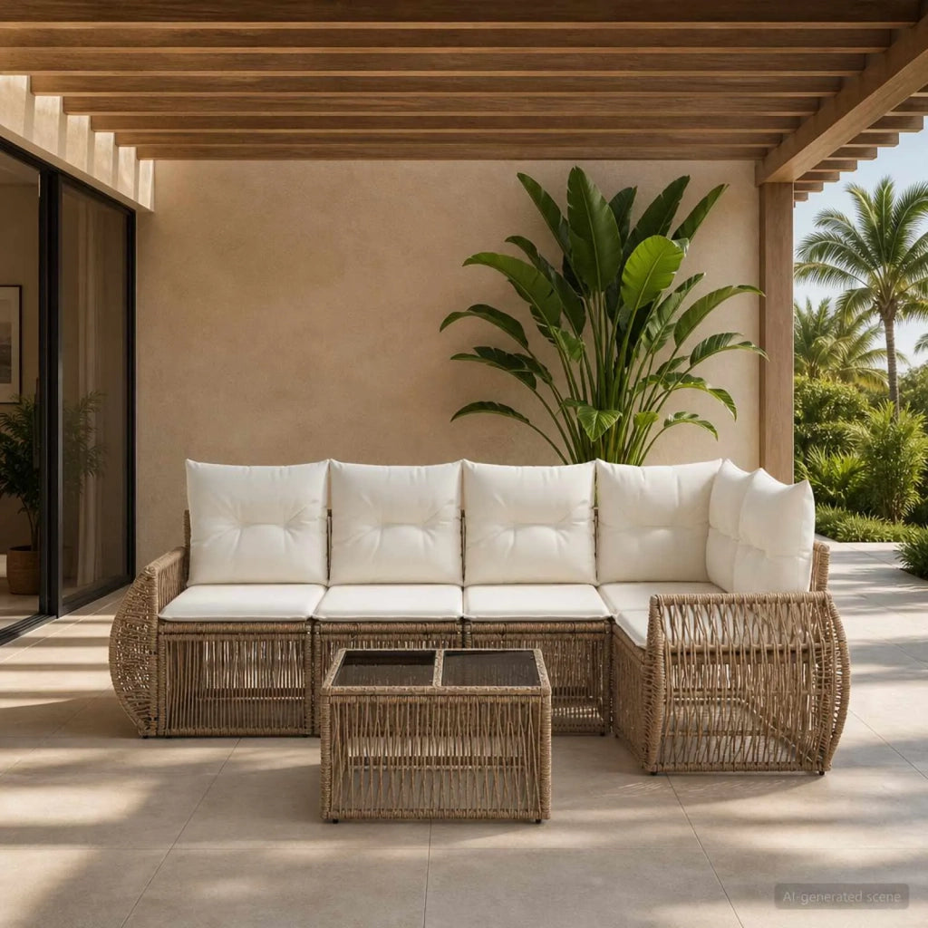 Set Divano da Giardino 5 pz Beige e Bianco Crema polyrattan 3435414