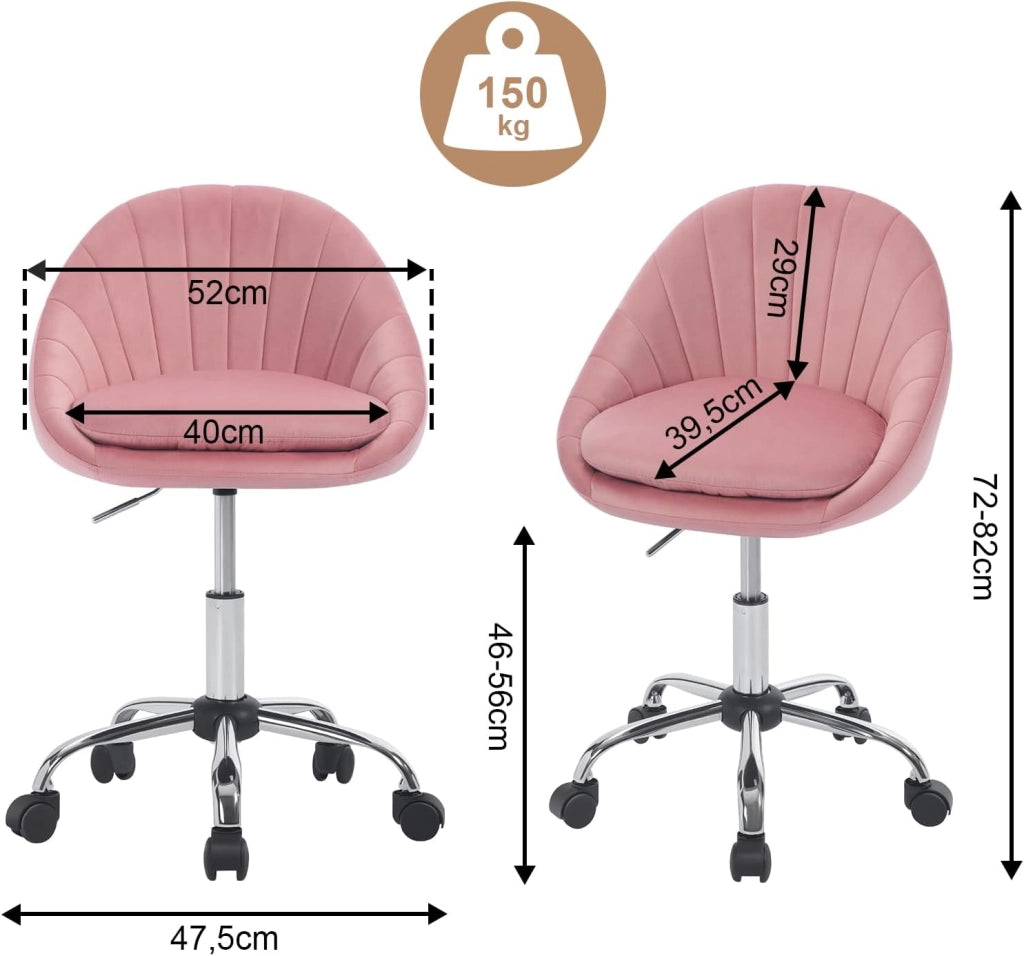 Sedia da Scrivania per Casa Regolabile in Altezza con Rotelle, Sedia Trucco Girevole Ergonomica, Ufficio, Camera da Letto, Studio, Velluto, Rosa, BS167rs