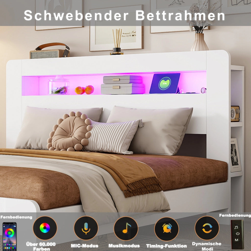Letto matrimoniale multifunzione 140x200 cm in legno bianco con testiera contenitore; LED e prese integrate