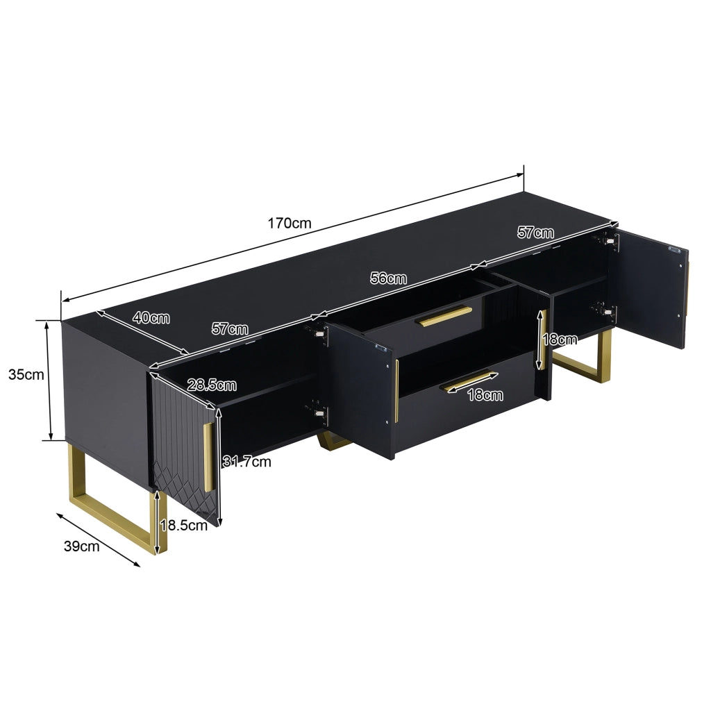 Mobile TV 4 ante e 2 cassetti con ripiani e passacavi per soggiorno in MDF nero e dorato 170 × 40 × 53,5 cm