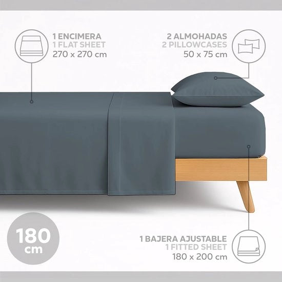 Set di lenzuola 4 pezzi con bavetta - Letto 180x200 cm (2 posti) - Lenzuola piatta, lenzuola di copertura pieghevole e 2 lenzuola di cuscino 50x75 cm – Grigio chiaro