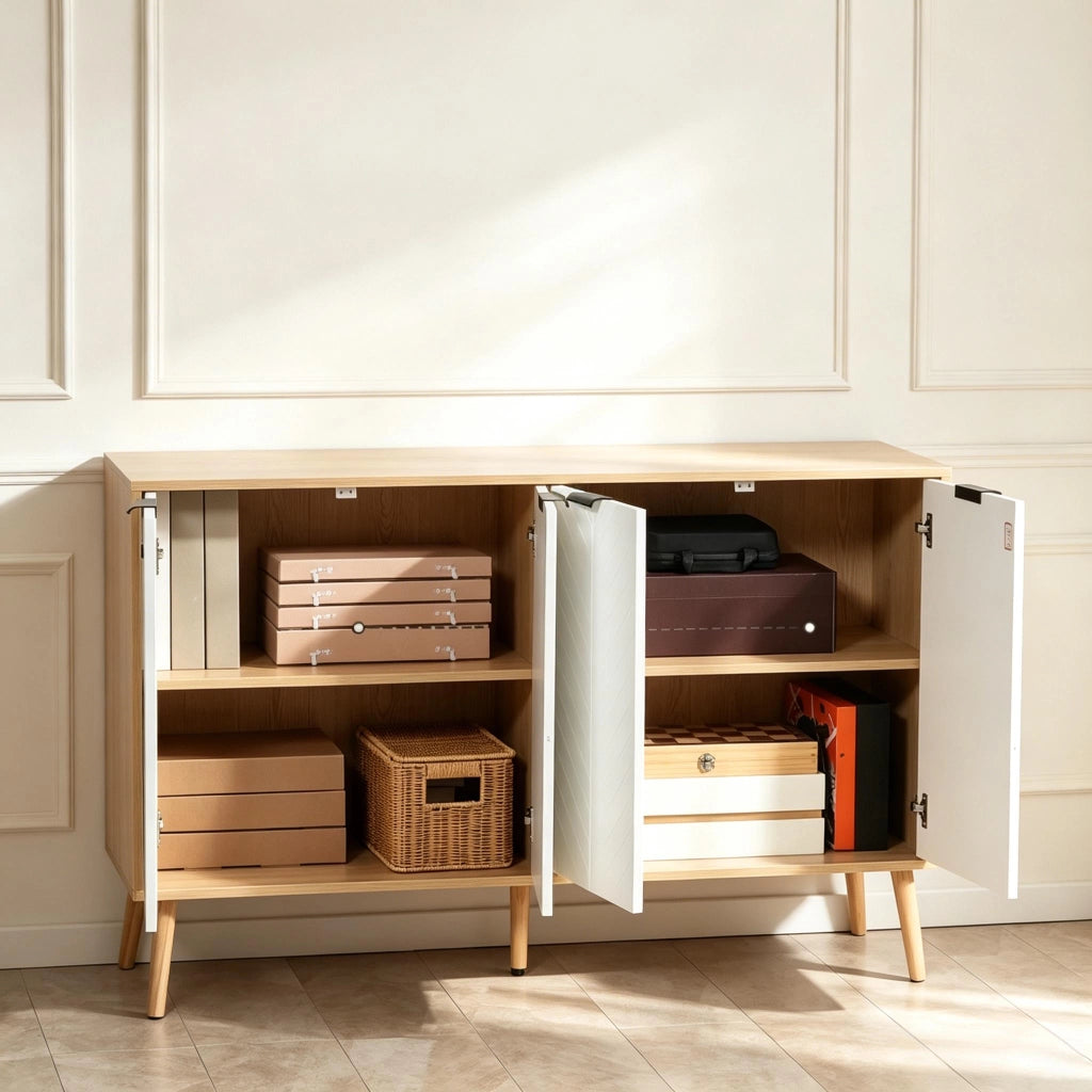 Credenza a 4 ante con 1 vano aperto e ripiano regolabile, per soggiorno, in truciolare bianca, 120 × 35 × 77,4 cm