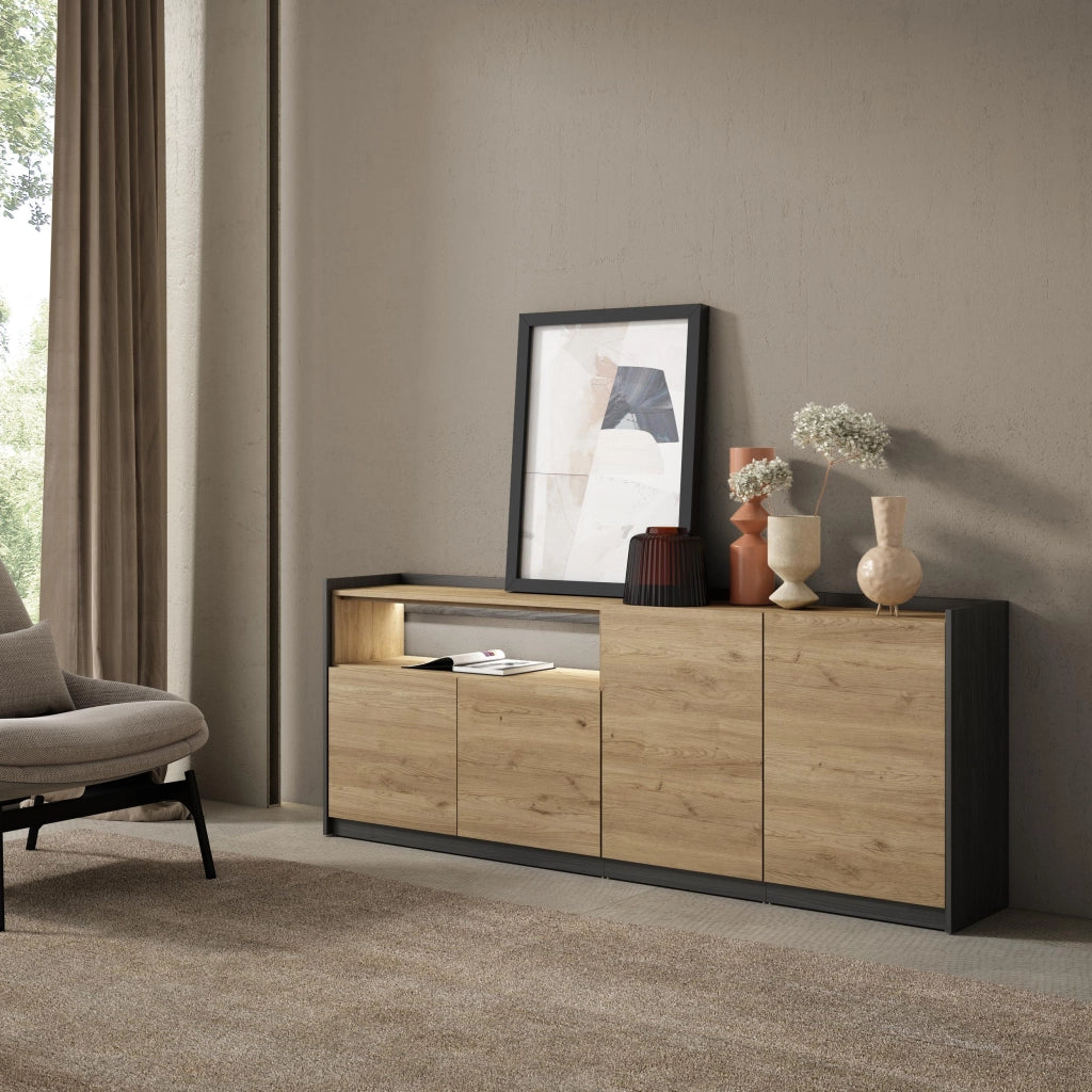 Credenza, Mobile, Cucina, 207x80x37 cm, 4 Porte, LED, Rovere e nero