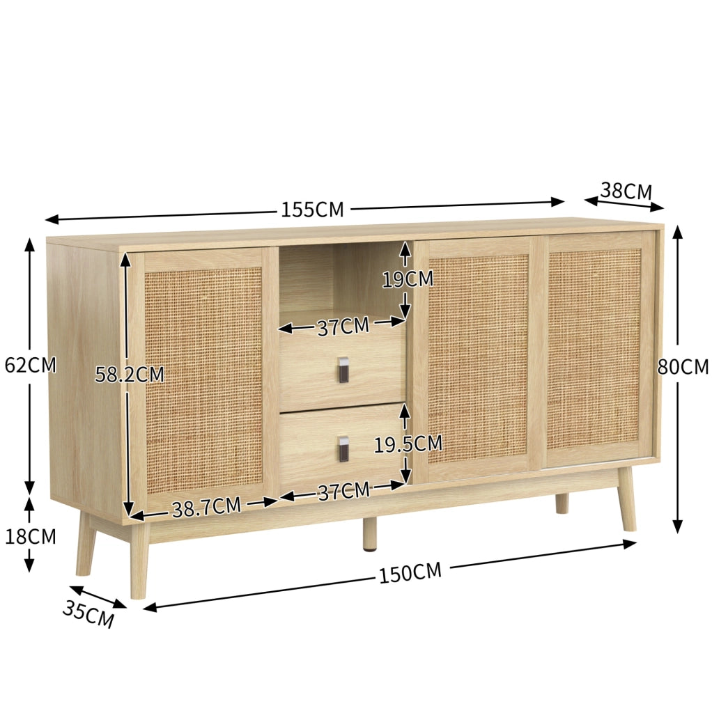 Madia 155x38x80 cm con 2 cassetti e ante scorrevoli in rattan; MDF e pannello truciolare