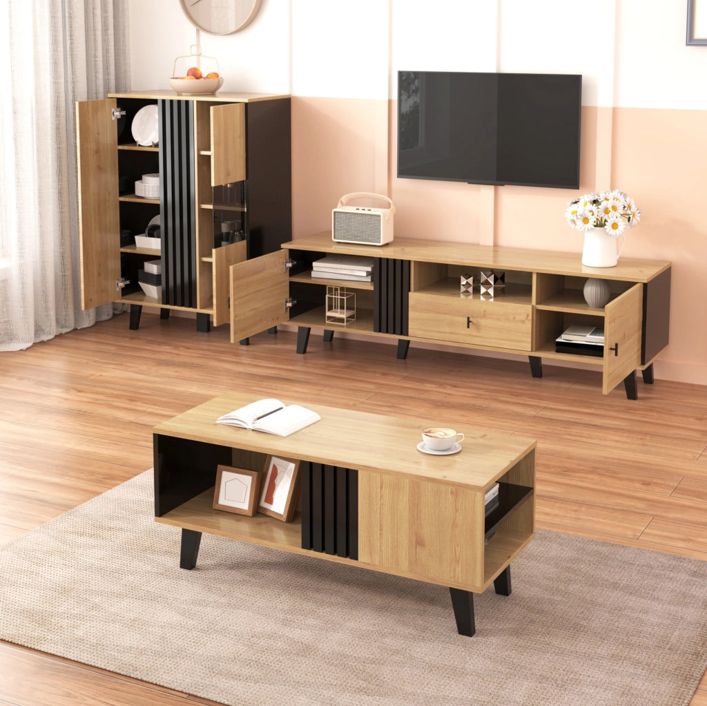 Sideboard 140x78,5x41 cm in legno e nero con LED, ripiani interni e porta a vetro
