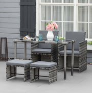Salotto da giardino 5 pezzi in polyrattan grigio con tavolo in vetro temperato