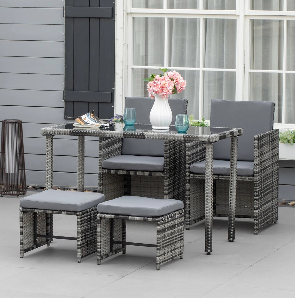 Salotto da giardino 5 pezzi in polyrattan grigio con tavolo in vetro temperato