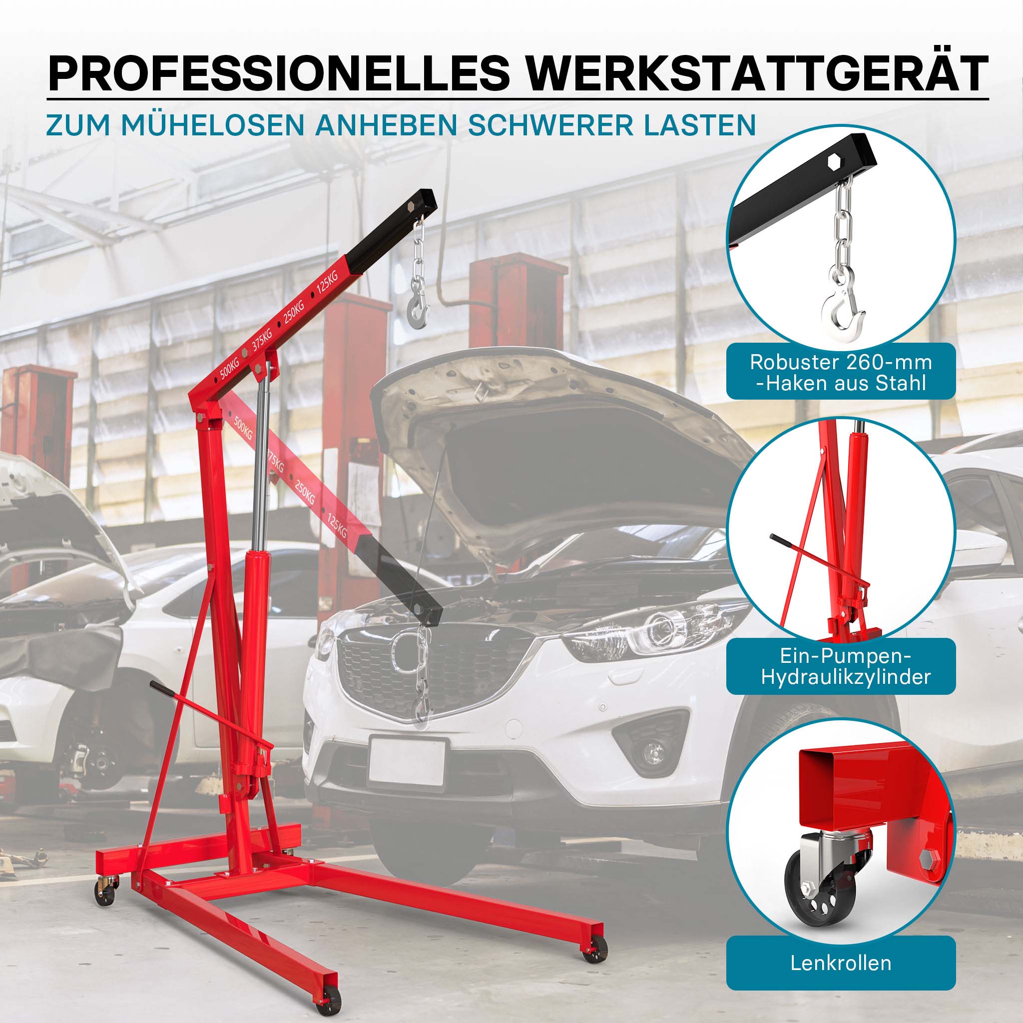 gruetta idraulica da officina per sollevamento motori, gru manuale pieghevole con braccio regolabile, carico max 500kg