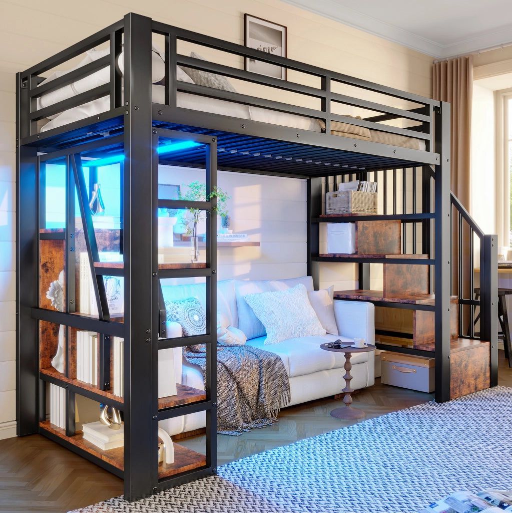 Letto a soppalco 90x200 cm con LED, scale contenitore e ripiani