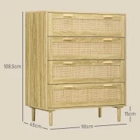Mobile Cassettiera 4 Cassetti Stile Boho in Legno e Rattan, 90x45x108.5cm, Rovere