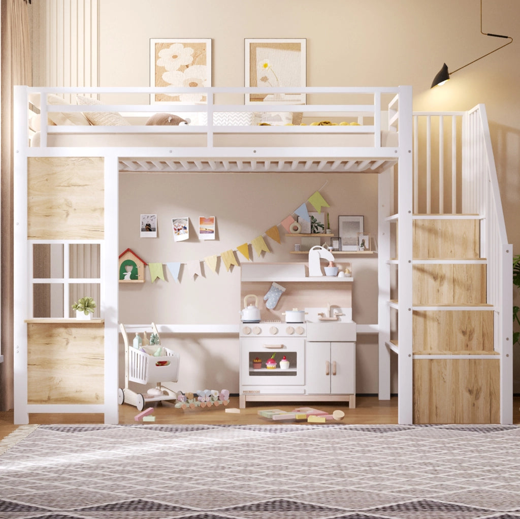 Letto a soppalco 90x200 cm con scala contenitore e area gioco bianco