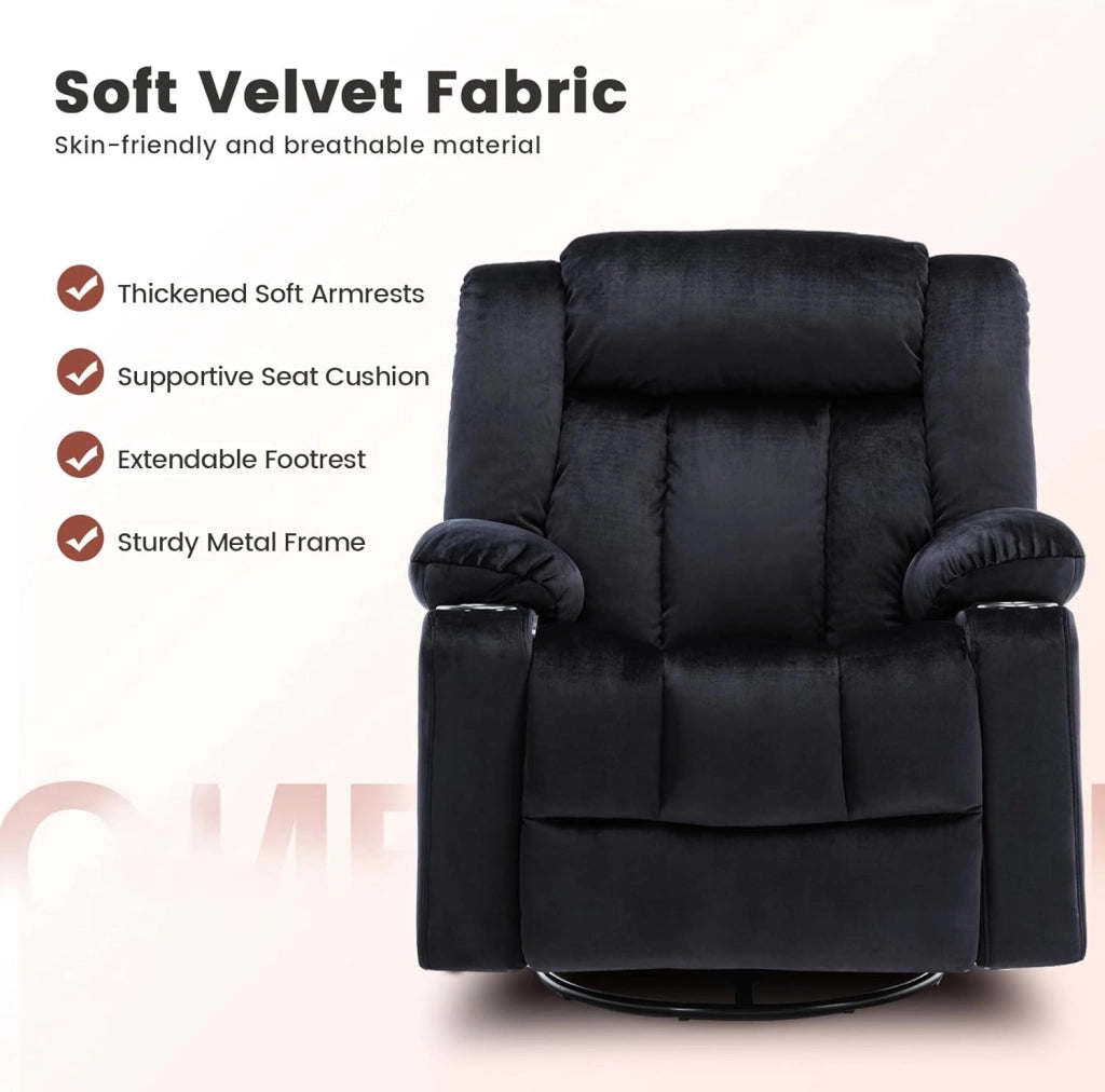 Poltrona Reclinabile Girevole per Adulti con Schienale e Poggiapiedi Regolabili, Poltrona 360° da Salotto, Portabicchieri, Tasche Laterali, Tessuto Morbido, Supporto Ergonomico, Nero