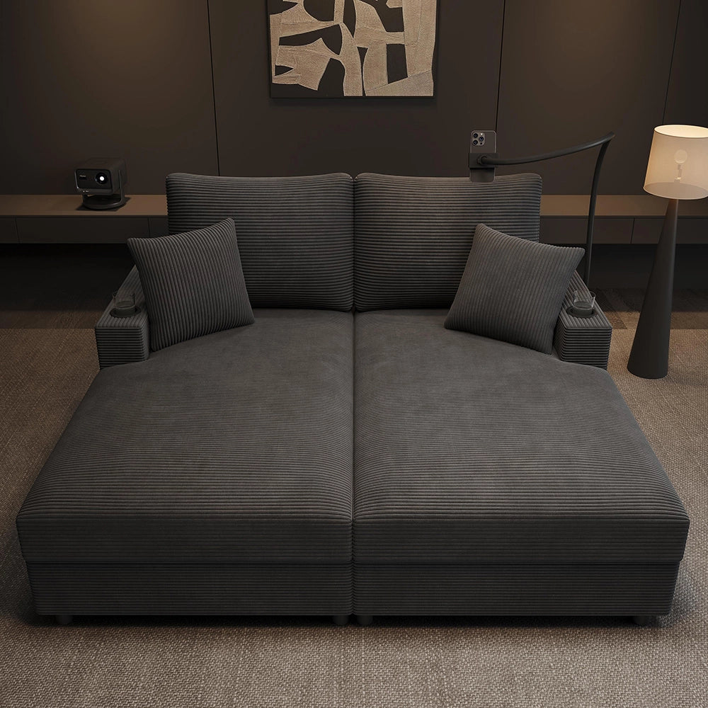 Divano letto XXL - Xylo - Doppio, USB, porta bicchieri, grigio, imbottito