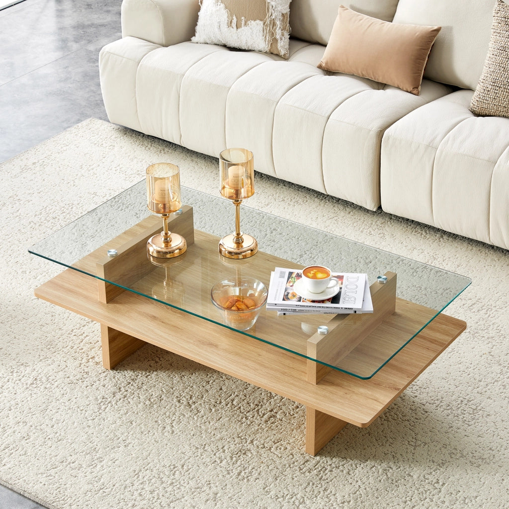 Tavolino da caff¨¨ a due strati - Zephmum - Vetro temprato e MDF - Finitura legno naturale - Cornice robusta
