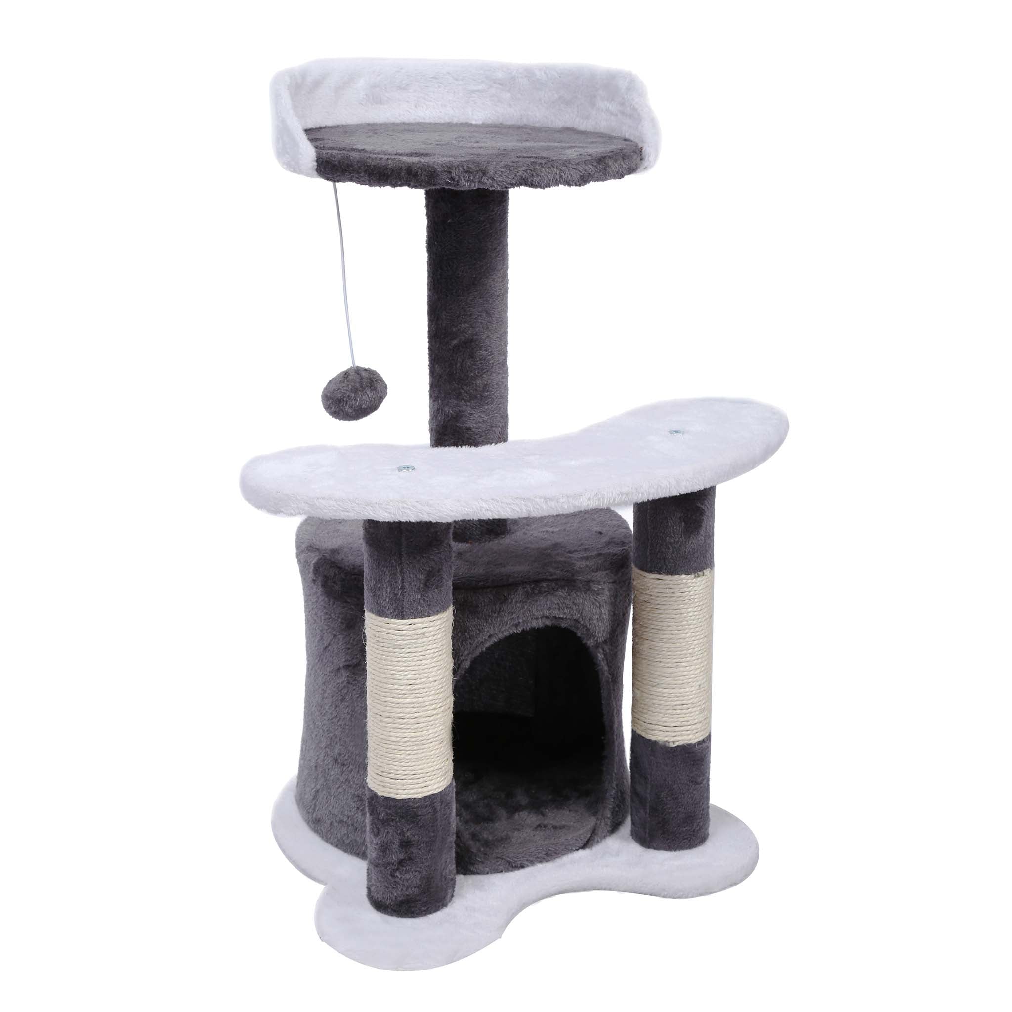 Albero tiragraffi 67 cm grigio/bianco Con sisal, piattaforma, nicchia e pallina